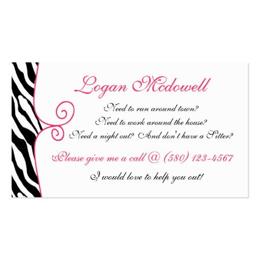 BabySitter Business cards fun pink girly chic cute (back side)