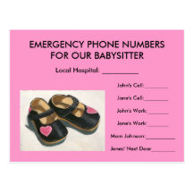 BABYSITTER EMERGENCY NUMBERS: Baby Shoes: Pink Post Cards