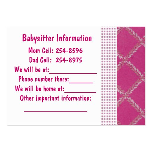 Babysitter Note Card Large Business Cards (pack Of 100) 