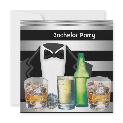 Bachelor Party Mens Drinks Tuxedo Black Silver Personalized Announcements by Zizzago