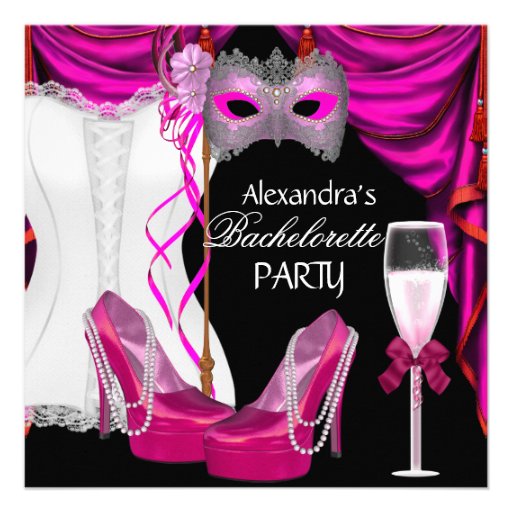 Bachelorette Corset Pink Masquerade Champagne Personalized Invitations