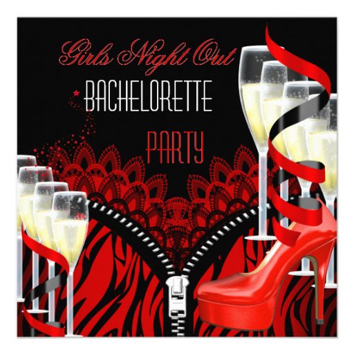 Bachelorette Girls Night Out Red Zebra Champagne Invitations