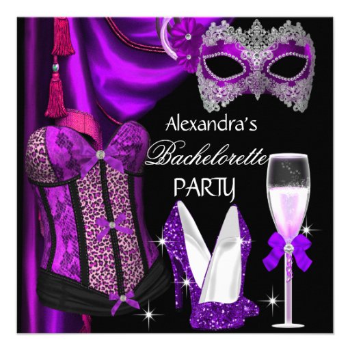 Bachelorette Leopard Purple Masked Champagne Custom Invitations