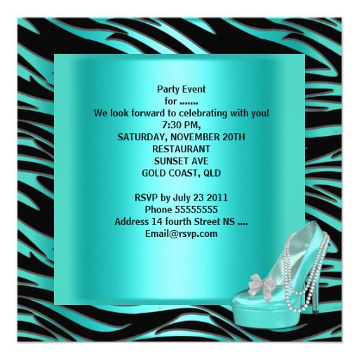 Bachelorette Party Aqua Teal Blue Turquoise Zebra Personalized Invitation