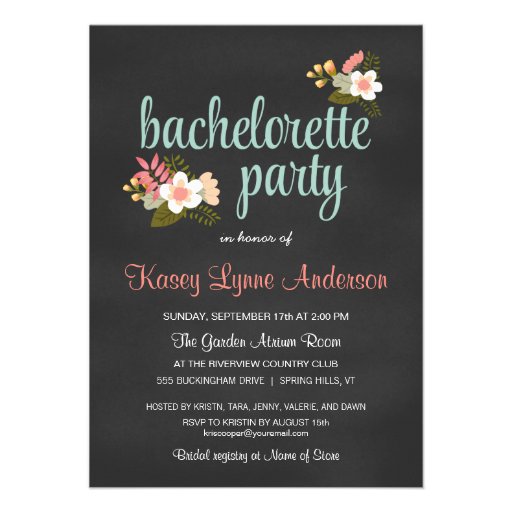 Bachelorette Party Floral Chalkboard Invitations (front side)