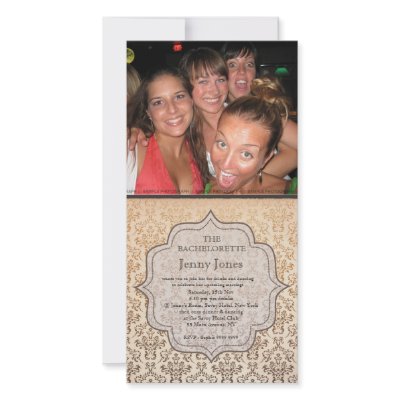 Bachelorette Party Gold Champagne Damask Invite Photo Card Template by PipPipHoorayWedding