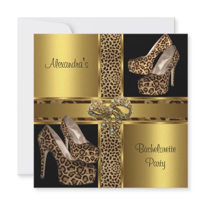 Bachelorette Party Hi Heel Shoes Leopard Gold 2 Personalized Invites by Zizzago
