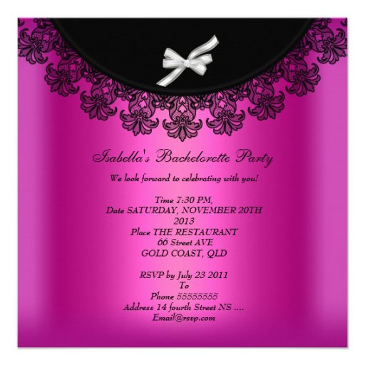 Bachelorette Party Hot pink Black Lace Invite