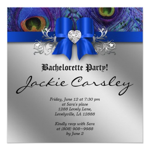 Bachelorette Party Invite Peacock Bow Blue Heart