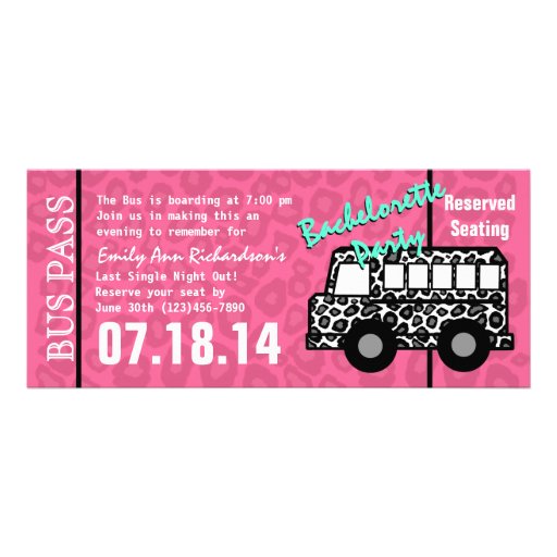 Bachelorette Party Leopard Bus Pass Personalized Invites (front side)