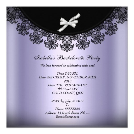 Bachelorette Party Lilac Purple Black Lace Custom Invitations