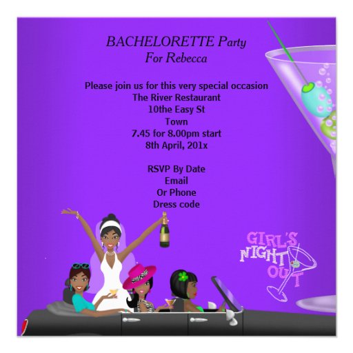 Bachelorette Party Purple Fun Limo Car Cocktails Custom Invites