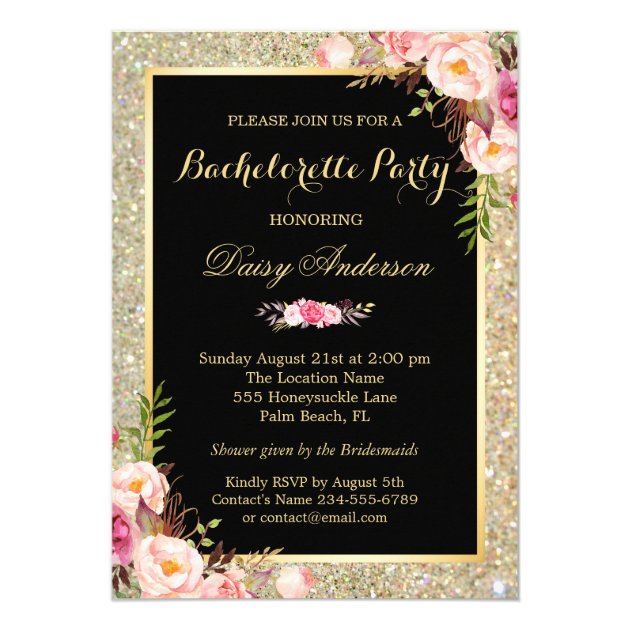 Bachelorette Party Shiny Gold Sparkles Floral Card (front side)