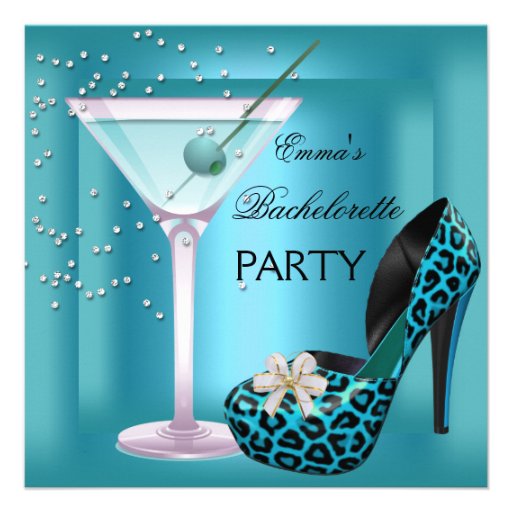 Bachelorette Party Teal Blue Leopard Shoes Glass Personalized Invitation