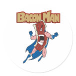 round_sticker - Bacon Man to the rescue!  You never have to fear ever again about running out of bacon.  Just yell 'Help Me BaconMan' and in a sizzle he will be right there.: Sizes  Available colors: 0