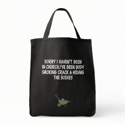 Bad taste crack joke tote bags by Cardsharkkid