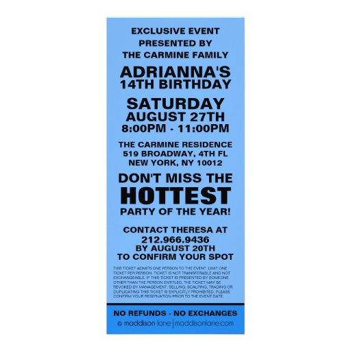 Bahama Blue VIP Photo Ticket Birthday Party Custom Invites