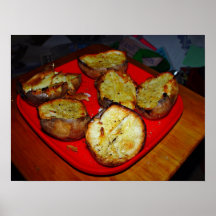 Baked Potatoes on red plastic plate Poster