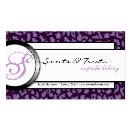 Bakery Black Purple Monogram Leopard Business Card (front side)