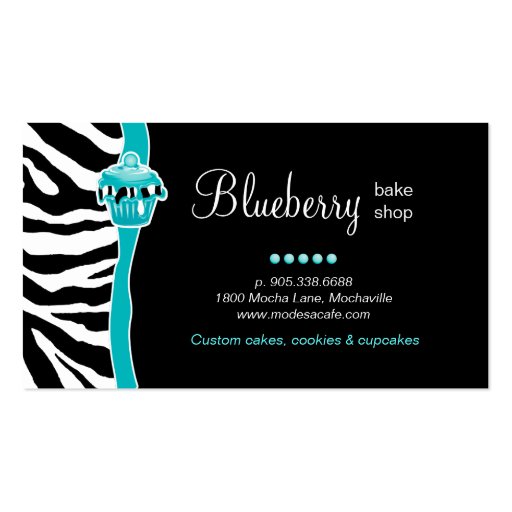 Bakery Blue Cupcake Zebra Animal Print Business Card (back side)