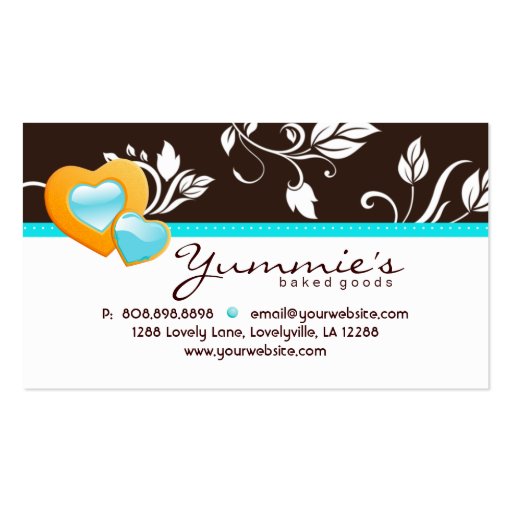 Bakery business card cupcake blue floral hearts (back side)