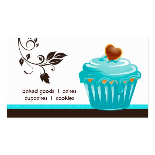 Bakery business card cupcake blue floral hearts (front side)
