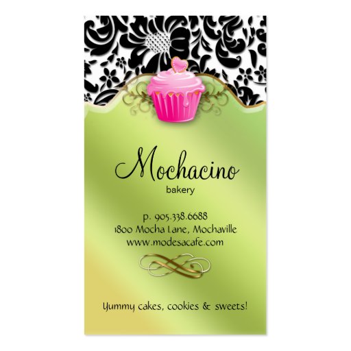 Bakery Business Card Cupcake Gold Swirls Lime Pink (back side)