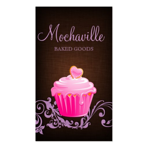 Bakery Business Card Cupcake Linen Brown Purple (front side)