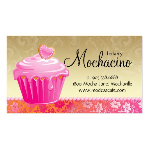 Bakery Business Card cute cupcake gold & lace (front side)