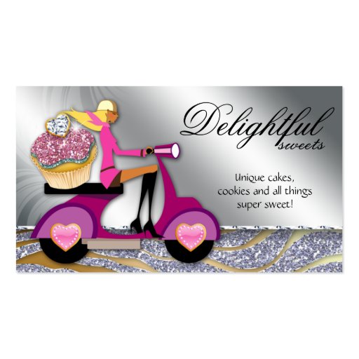 Bakery Business Card Glitter Cupcake Scooter Silve (front side)