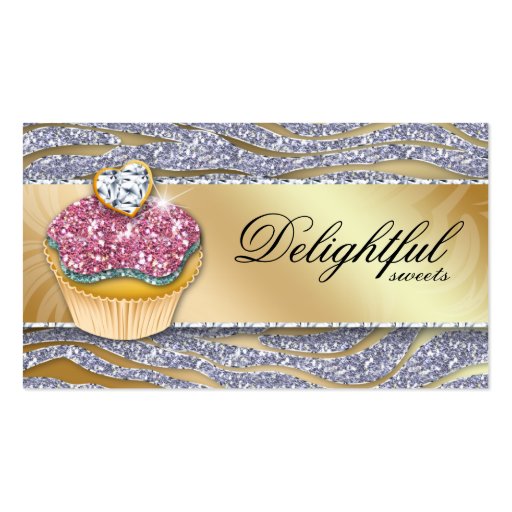 Bakery Business Card Zebra Cupcake Sparkle Silver (front side)