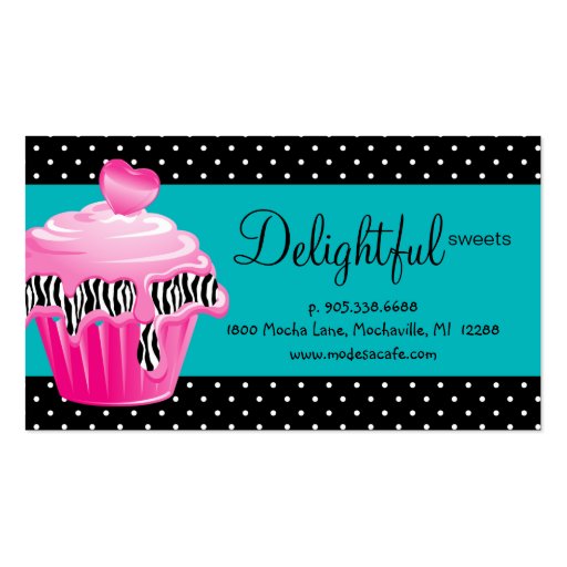 Bakery Business Card Zebra Dots Blue Pink Cupcake (front side)