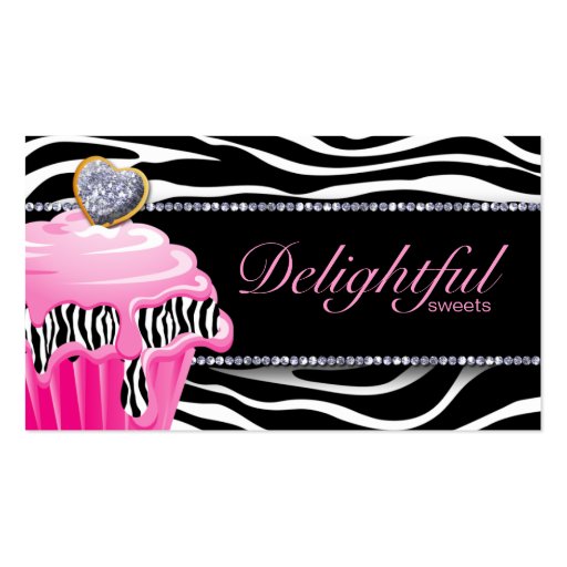 Bakery Business Card Zebra Pink Cupcake Silver (front side)