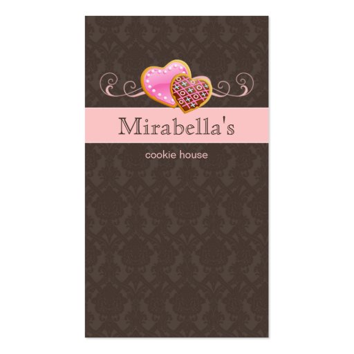 Bakery Cookie Cute Damask Swirl Pink Brown Business Card Template (front side)