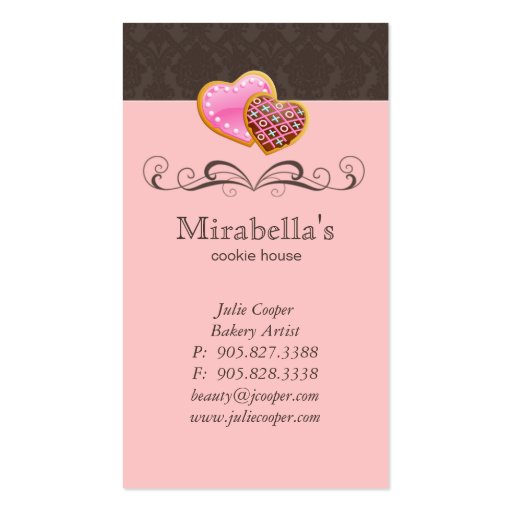 Bakery Cookie Cute Damask Swirl Pink Brown Business Card Template (back side)