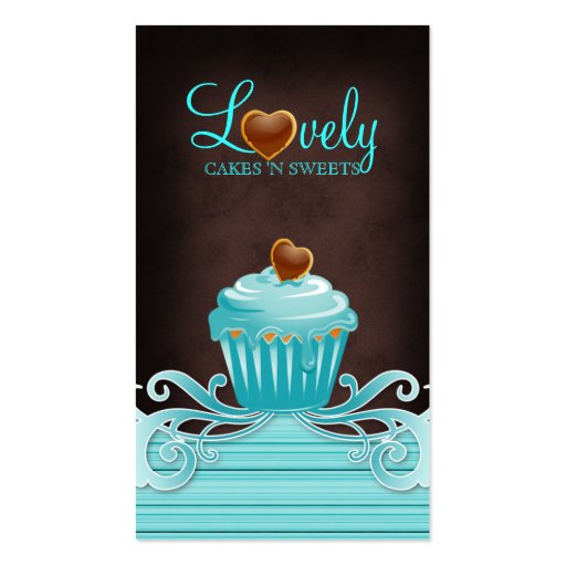 Bakery cupcake blue swirls chocolate brown business card (front side)