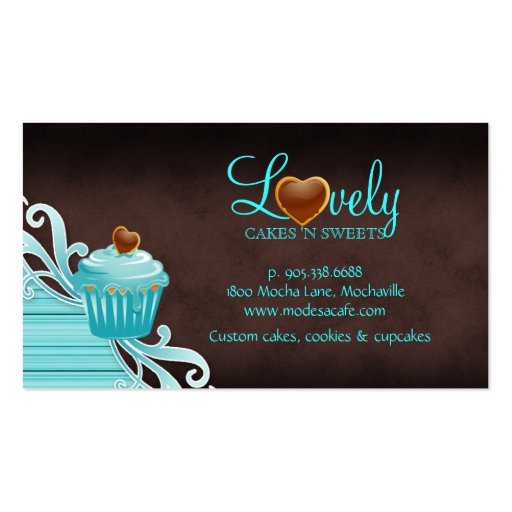 Bakery cupcake blue swirls chocolate brown business card (back side)