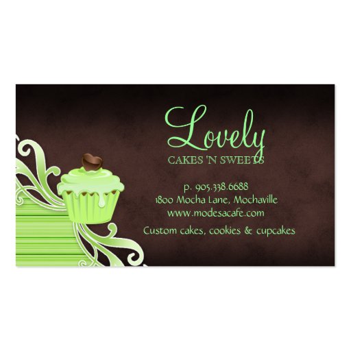 Bakery cupcake mint swirls chocolate brown business cards (back side)