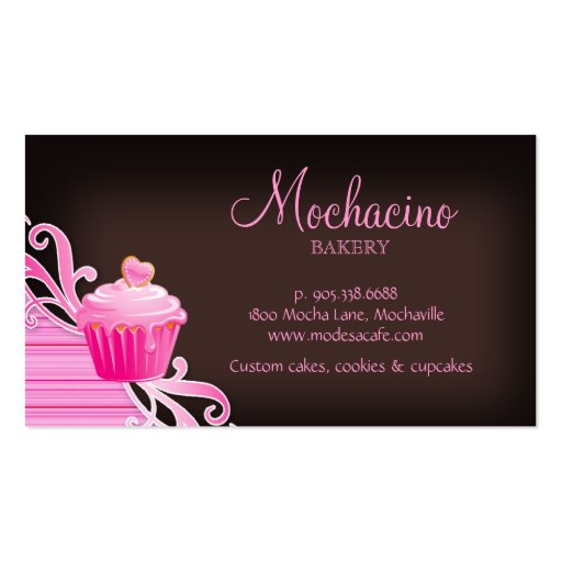 Bakery cupcake pink swirls chocolate brown business cards (back side)
