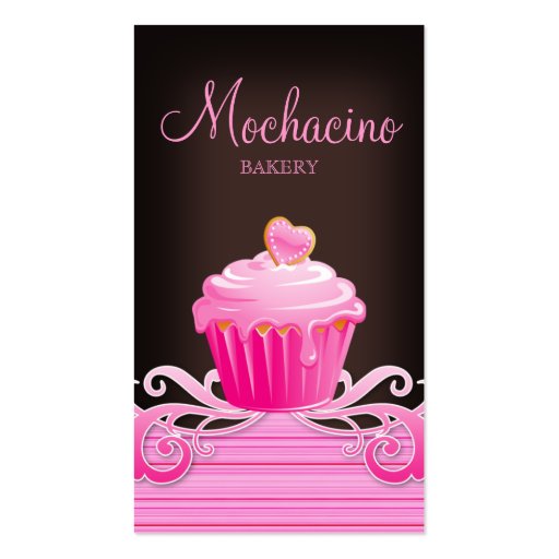 Bakery cupcake pink swirls chocolate brown business cards (front side)