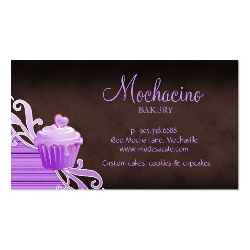 Bakery cupcake purple swirls chocolate brown business cards (back side)