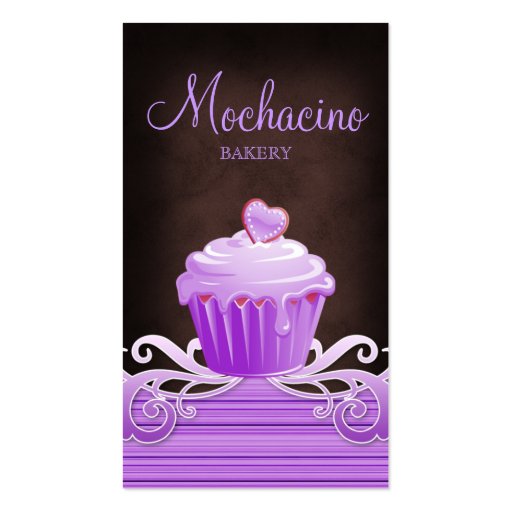 Bakery cupcake purple swirls chocolate brown business cards (front side)