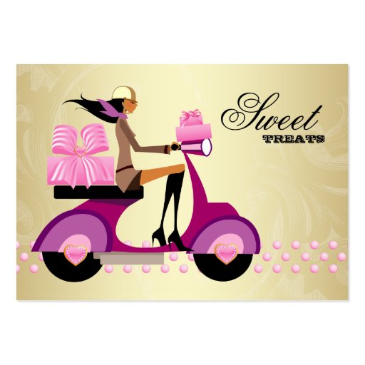Bakery Gift Box Scooter Girl Pink Gold Icing Business Card Template (front side)
