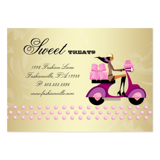 Bakery Gift Box Scooter Girl Pink Gold Icing Business Card Template (back side)