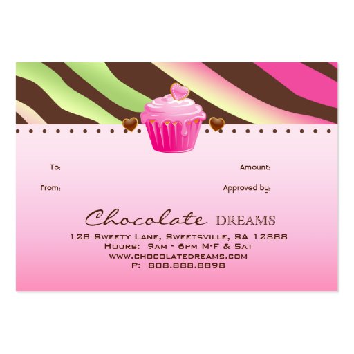 Bakery Gift Card Certificate Chocolate Cupcake Business Cards (back side)