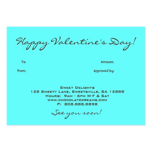 Bakery Gift Card Chocolate Hearts Blue Business Cards (back side)