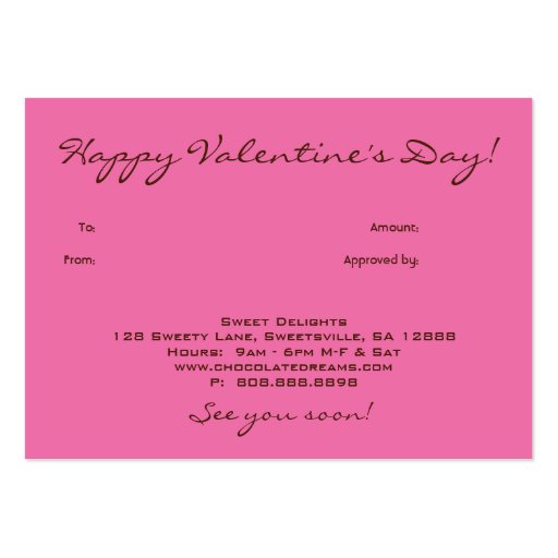 Bakery Gift Card Chocolate Hearts Pink Business Card (back side)