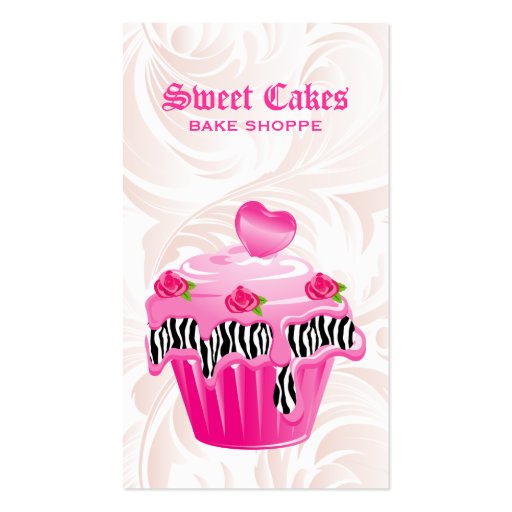 Bakery Leaf Rose Zebra Pink Cupcake Heart Elegant Business Cards (front side)