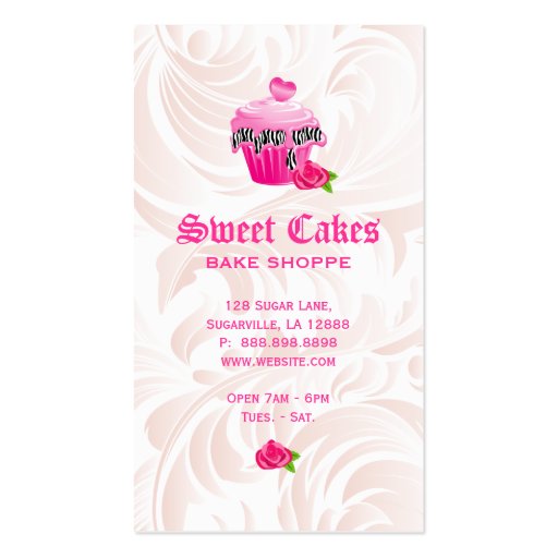 Bakery Leaf Rose Zebra Pink Cupcake Heart Elegant Business Cards (back side)