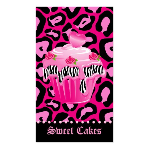 Bakery Leopard Rose Pink Cupcake Heart Icing Dots Business Cards (front side)